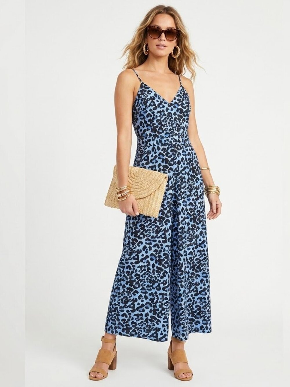 BANANA REPUBLIC Blue & Black Leopard Print Cropped Jumpsuit | Size 2